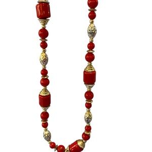 Vintage Gold and Red Bead Necklace 16 inch